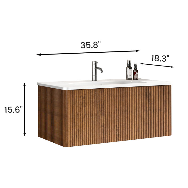 Meuble-lavabo flottant mural 36 po moderne en noyer rayé, lavabo blanc, rebords courbés sécuritaires, tiroir à ouvrir et fixation en forme de U avec aspect noyer, raccord en céramique peu encombrant