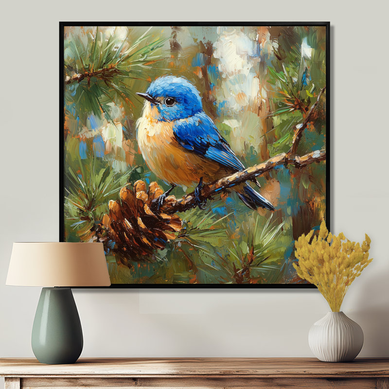 «Cheery Bluebird In The Pines II», art mural oiseau, Impression encadrée flottante, Noir, H 16 po x l 16 po