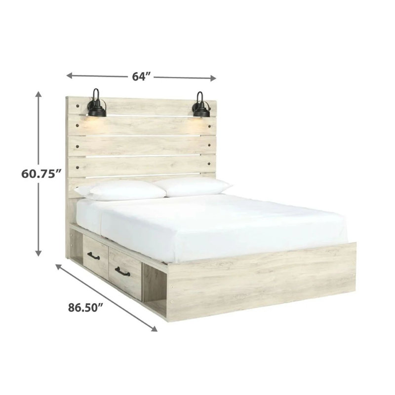 Grand lit à panneau rustique Cemy, 2 appliques et tiroirs, blanc délavé, Grand