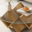 La table basse ronde avec plateau en verre et tablettes de rangement à motif géométrique abstrait Art Déco, naturel, 35,4 po-2127114790