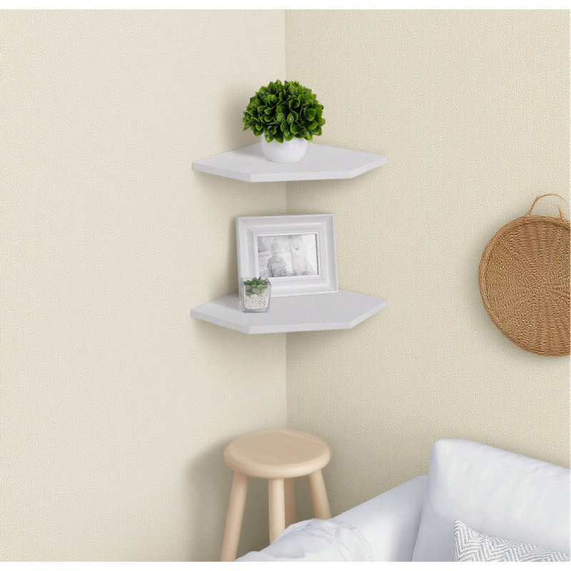 Floating Corner Shelves Set Of 2, Rustic Wood Wall Mounted Shelf Organizer For Living Room, Bedroom, Bathroom, Kitchen, White