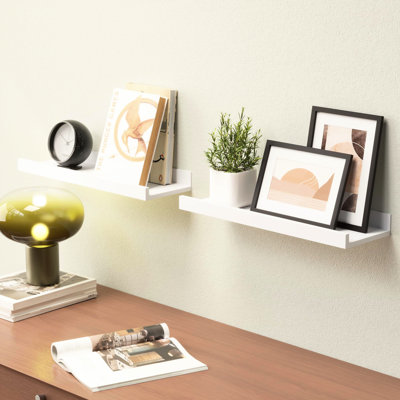 Modern White Floating Shelves Of 2. Engineered Wood Created, 20 Lbs Holding Force. Beautify Your Living Space. Simple Installation Process Included. Exhibit Collectibles 2 In Color. Composition,