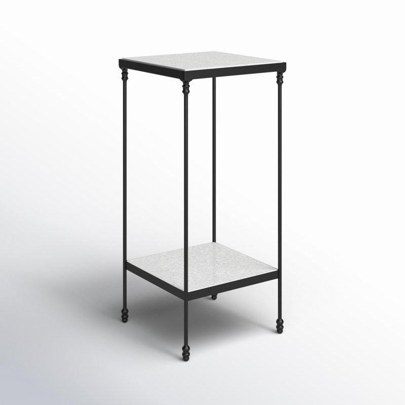 White Marble and Black Metal Square End Table with Shelf