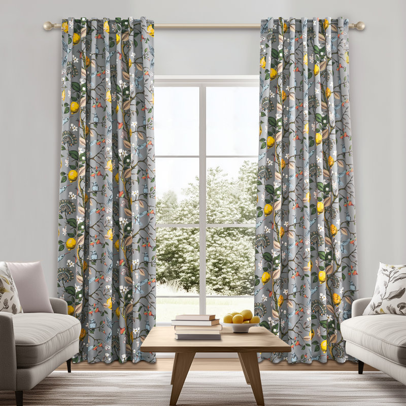 Fancy Hummingbird Patterned  Room Darkening Curtain,Rod Pocket Back Tab Floral Drapes,Set of 2, 52" W x 84" L, Gray