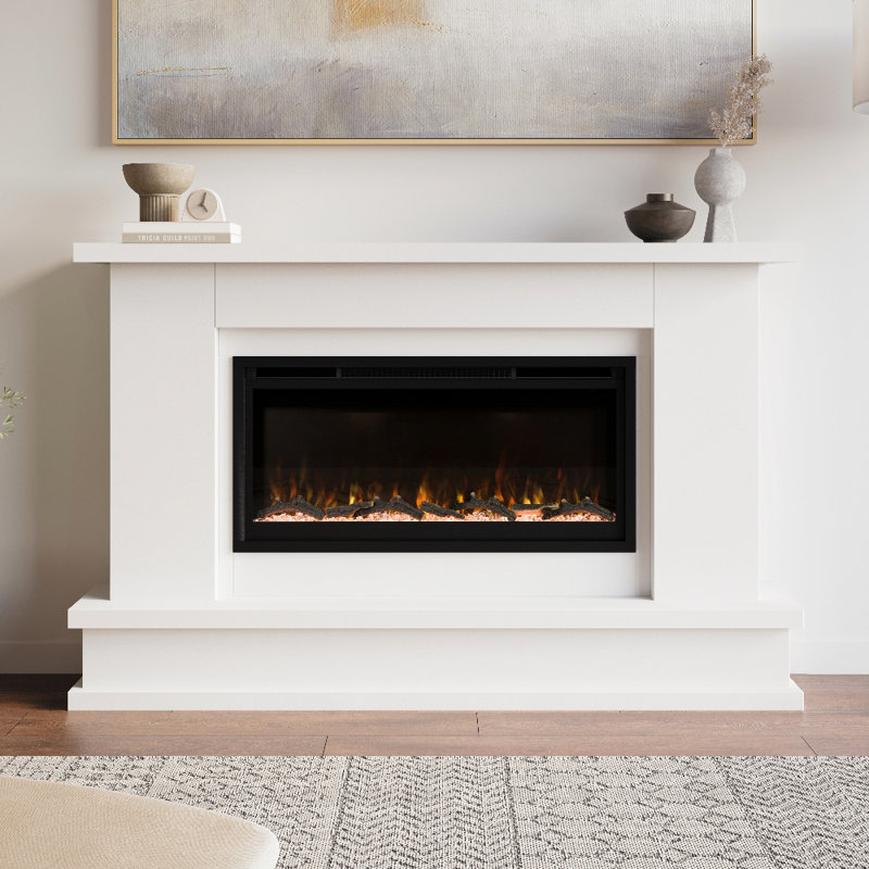 Modern Ember Patton 64" Mantel Package with 42" Electric Fireplace - Works w/ Alexa and Google Asst, White