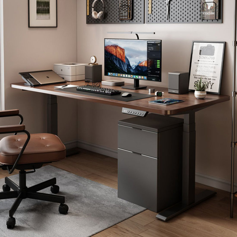 Bureau d'écriture rectangulaire en bois manufacturé brun noyer + acier noir, H 49,21 po x l 62,99 po x P 27,56 po