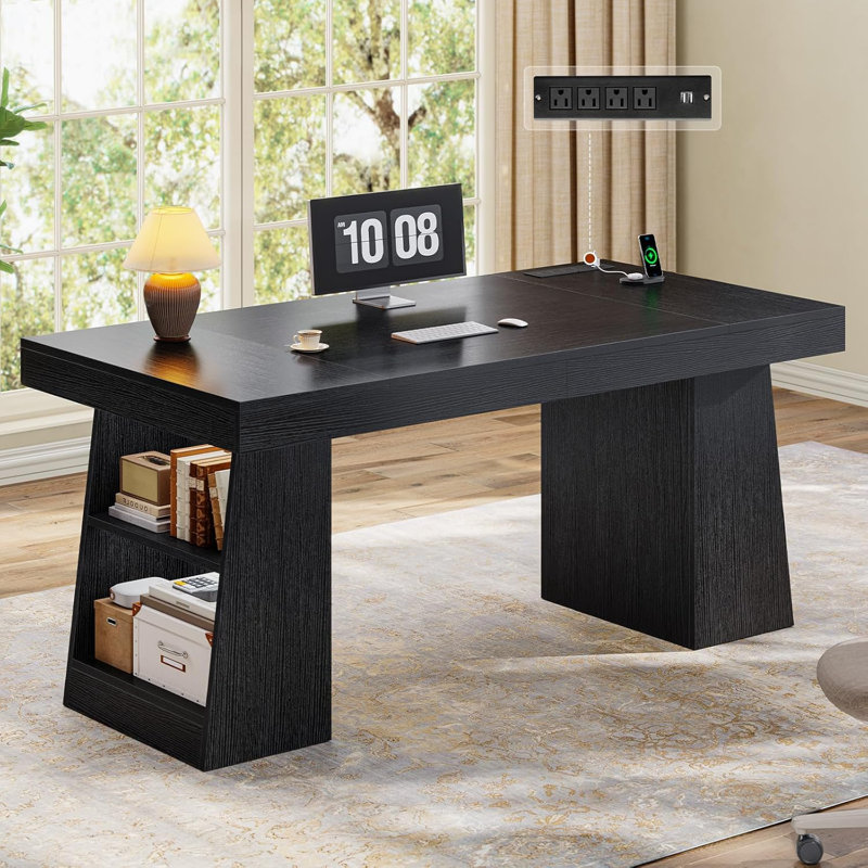 Bureau de direction 55,9 po, bureau à domicile moderne avec prises de courant et tablettes de rangement, petite table de conférence, noir