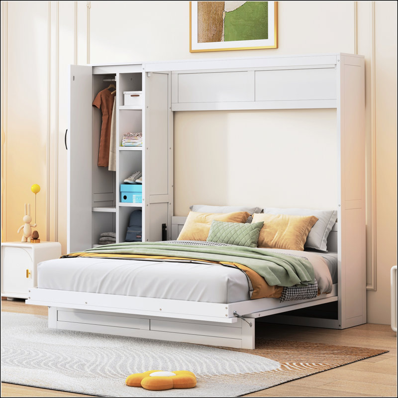 Grand lit escamotable avec tablettes, Gris, Queen