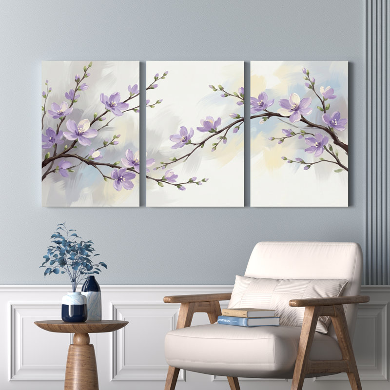 Ensemble de 3 tableaux muraux sur toile à motifs floraux de fleurs de cerisier violettes, pour la décoration du salon et de la chambre.