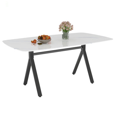 Rectangular Dining Table Featuring A Tempered Glass Tabletop With A Marble-Patterned Design And Metal Legs, Ideal For Restaurant Dining Settings.