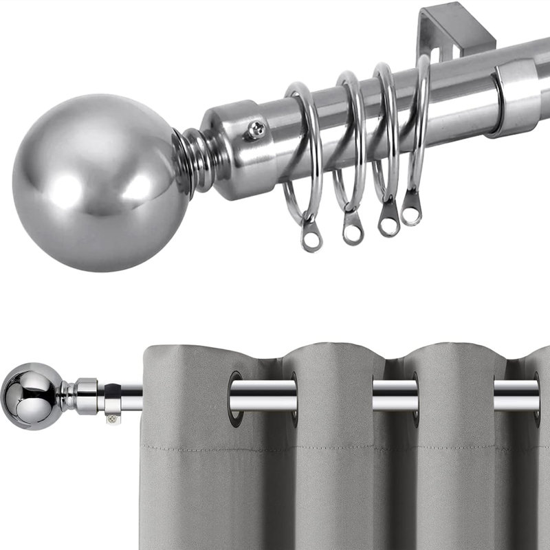 Adjustable Plain Metal Ball Curtain Rod, 120-210 Cm, Chrome