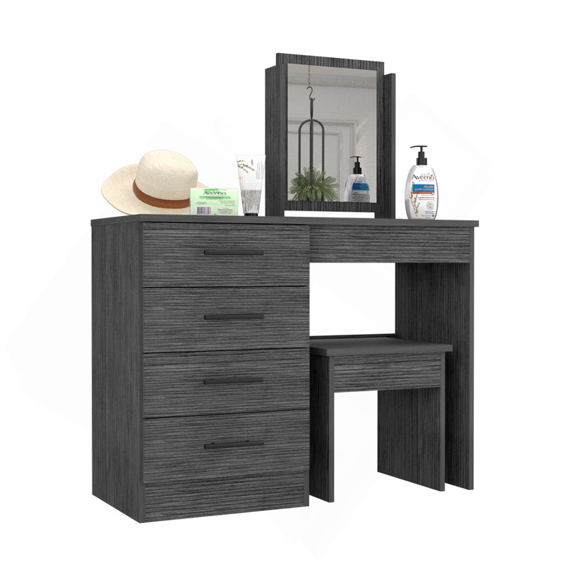 Makeup Dressing Table, Mirror, Four Drawers, Stool, Smokey Oak