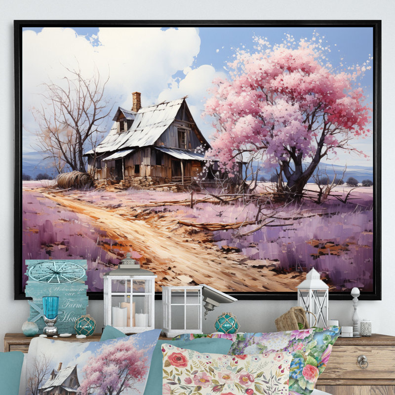 Grange au printemps III - décoration murale maison de campagne, Cadre flottant noir, H 34 po x l 44 po x P 1,5 po