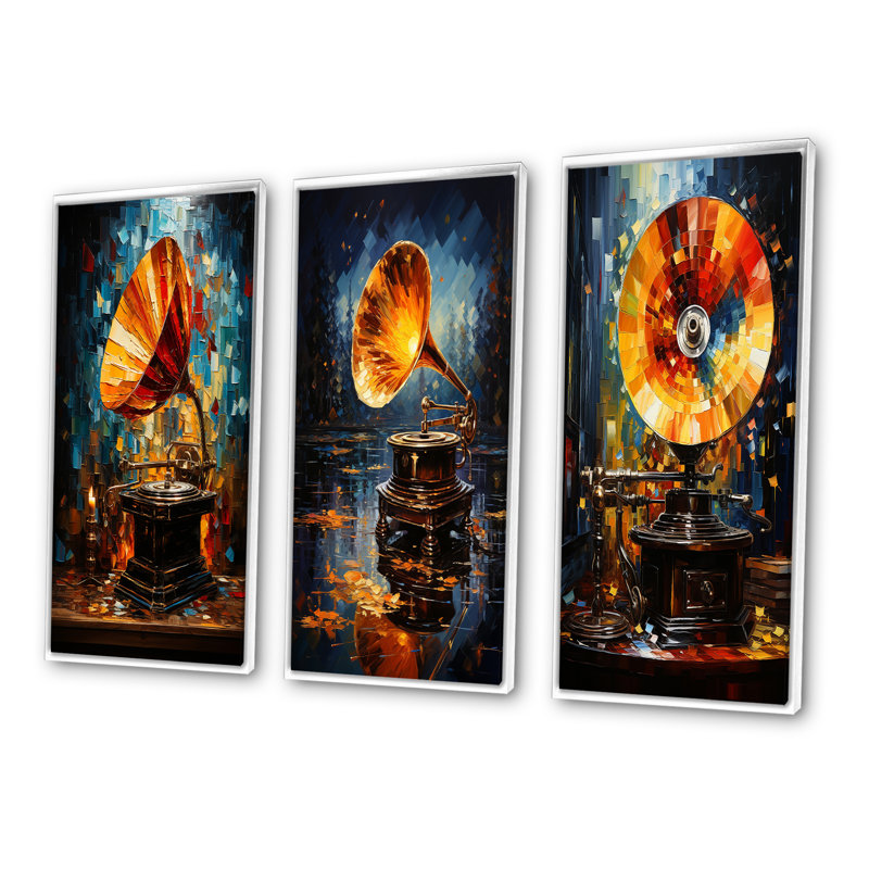 Phonograph Mosaic - Art de divertissement, ensemble de 3 pièces, Cadre flottant blanc, H 28 po x l 36 po
