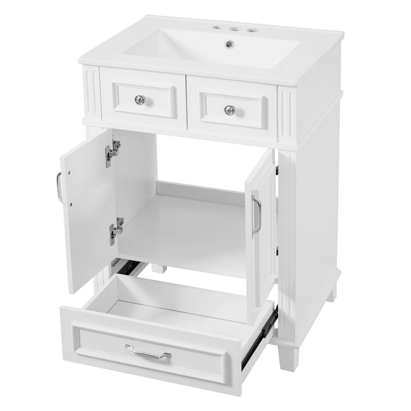 Meuble-lavabo de salle de bain avec lavabo en céramique, armoire de rangement en bois massif avec portes à fermeture douce, style rétro