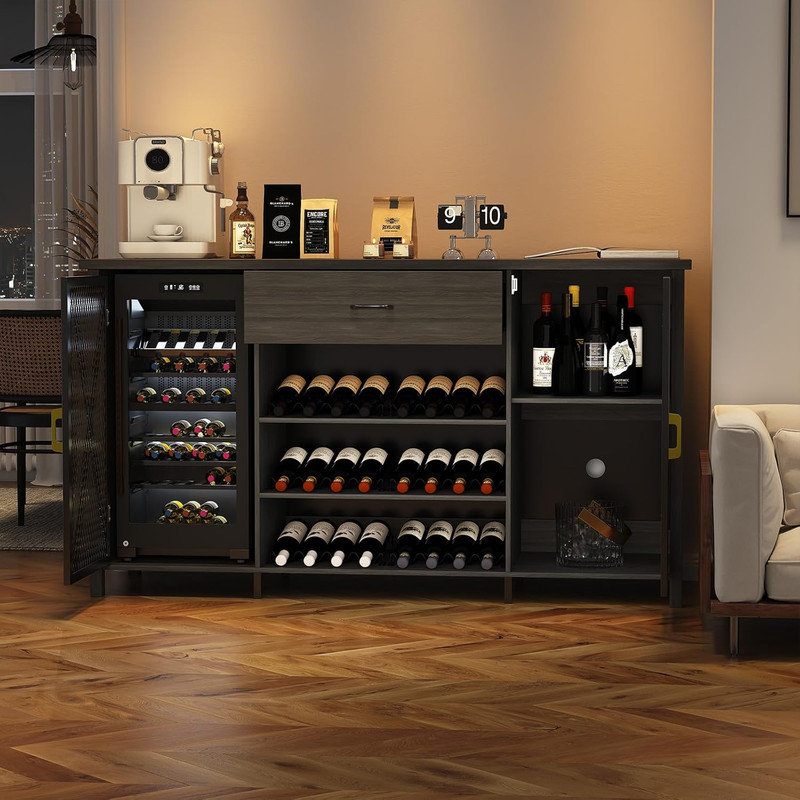 71 Inch Long Coffee Bar Cabinet with Fridge Space, Modern Wood Metal Large Wine Liquor Cabinet with Rack