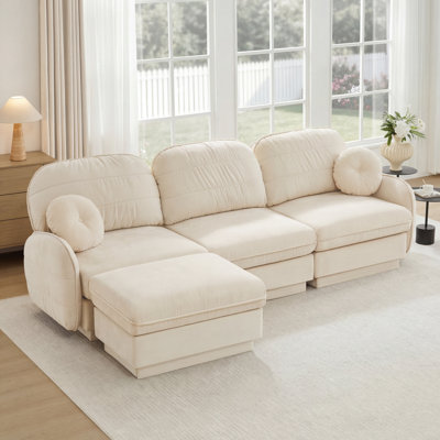 105" Oversize Chenille L-Shaped Sofa,Deep Seat Sofa Couch with Movable Ottoman,Exquisite round pillows and quilted back cushions,Recessed Base Frame L