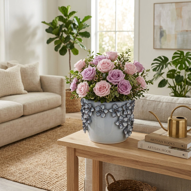 Pot de fleurs rond en céramique texturée moderne pour l'extérieur, le jardin et la terrasse - Pot de fleurs d'intérieur pour la décoration du salon