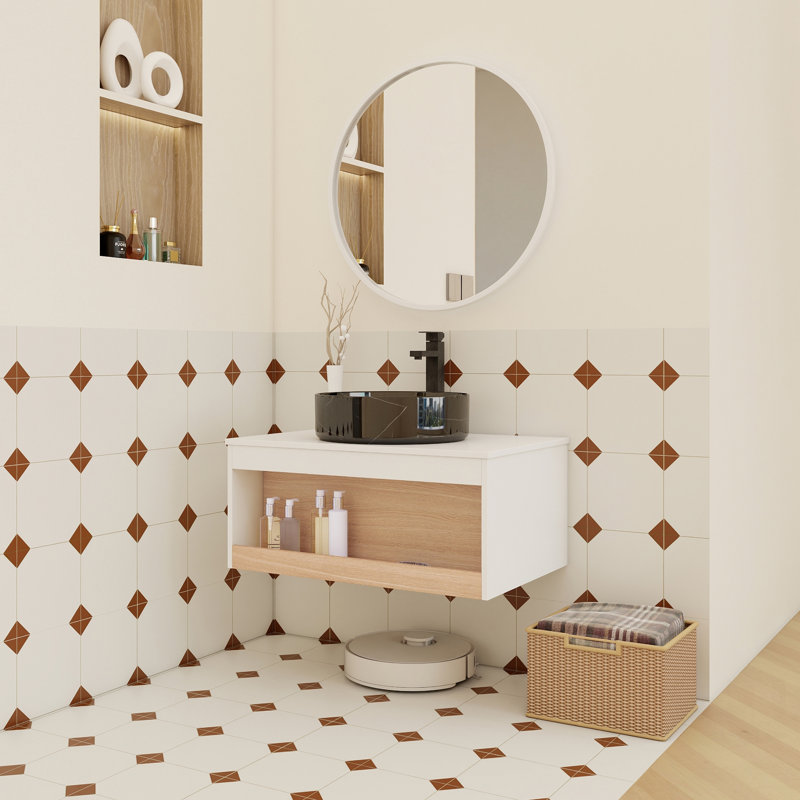 Meuble-lavabo flottant avec lavabo vasque en marbre noir, tablette ouverte, conception moderne peu encombrante, 30", Noir