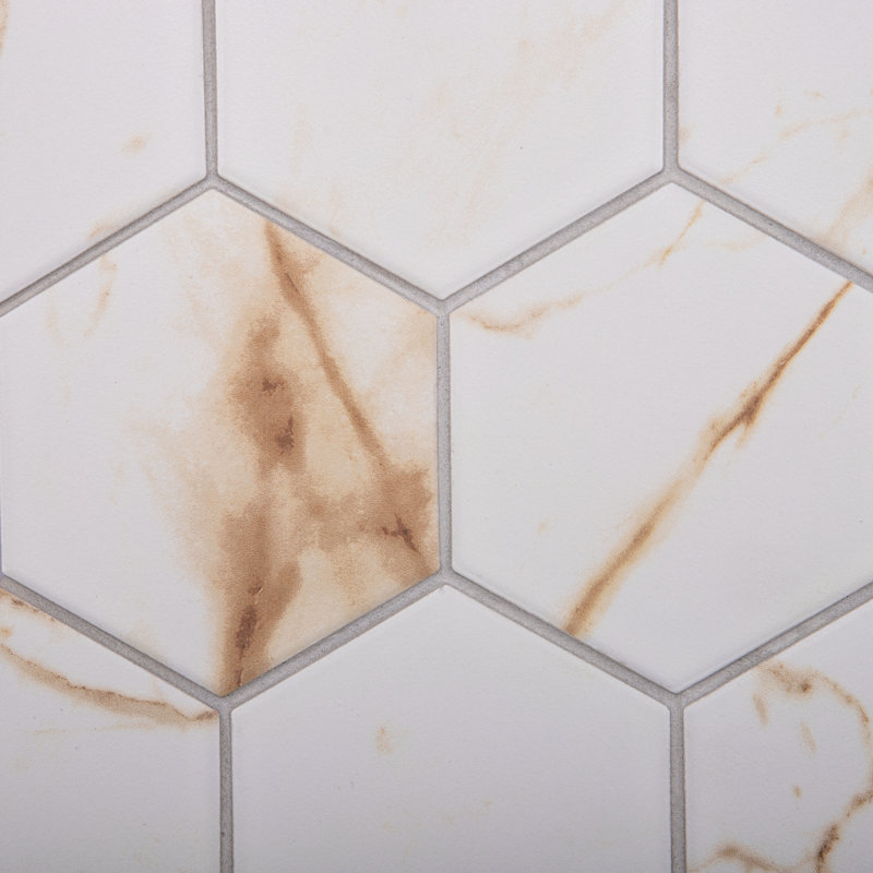 Perfection 4“ x 4" Porcelain Honeycomb Mosaic Wall & Floor Tile, Calacatta Gold