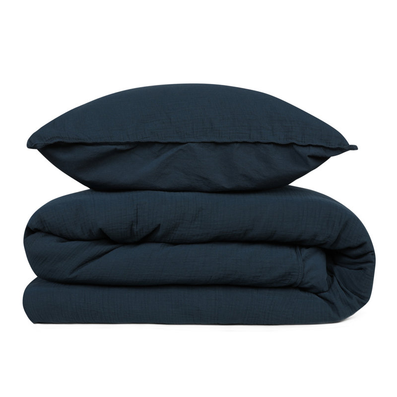 Ensemble de housse de couette 100% coton Lempley, Housse de couette simple + 1 taie d'oreiller 24 po, Bleu foncé