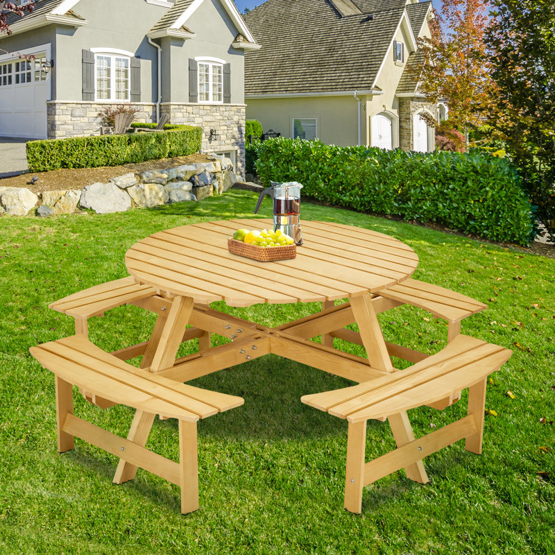 Kate Round Wooden Picnic Table,8 Person Table w/4 Built-in Benches, Yellow