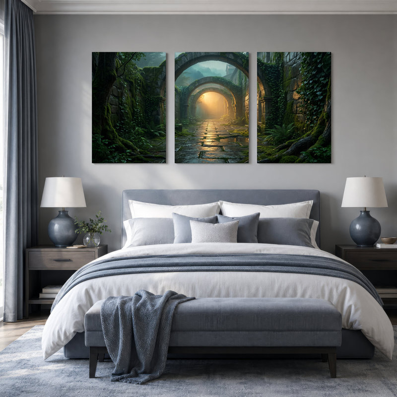Ensemble d'art sur toile en forme de voûte en pierre recouverte de mousse avec 3 lumières dorées, 24"H x 16"W x 3pcs