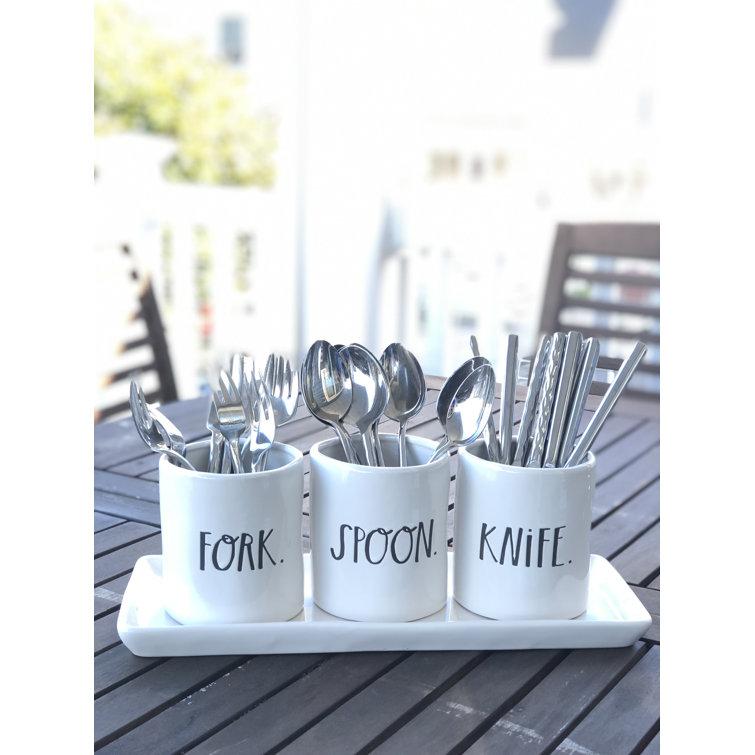 Rae Dunn by Magenta SPOON FORK KNIFE pot set with tray. Large letters!