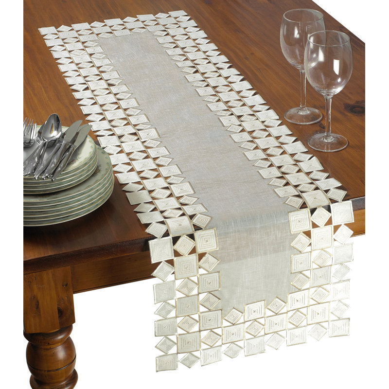 Ivory Embroidered Cutwork Polyester Table Runner, 54" x 14"