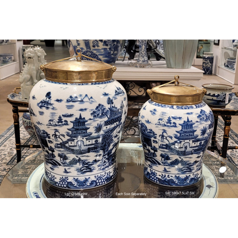 Hand Painted Decorative Porcelain Jar, 12" H x 9" W x 9" D