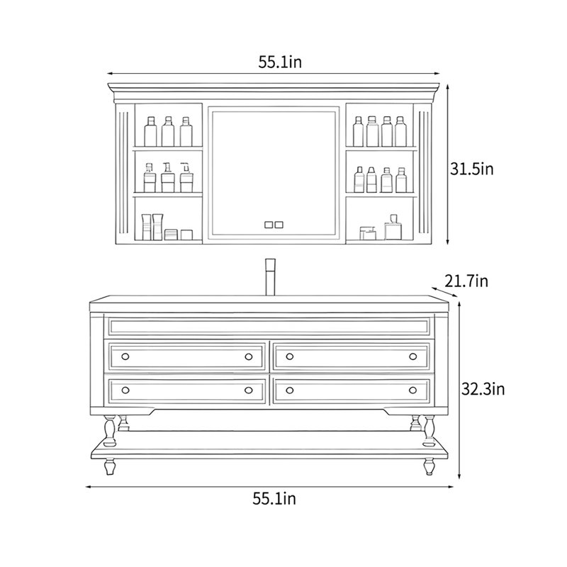 Armoire de salle de bain rétro française, H 32,3 po x l 55,1 po x P 21,7 po, Vert