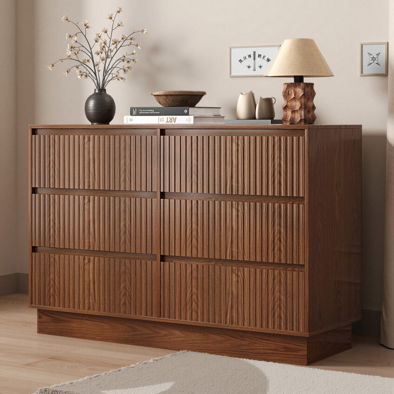 Mid-Century Modern Fluted 6-Drawer Sideboard, Walnut Finish