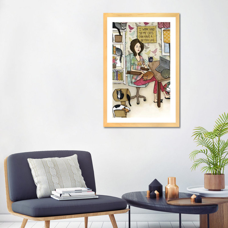 « Cats Better Life » par Jamie Morath-impression, H 32 po x l 24 po x P 1 po, Blanc, Toile avec cadre en bois beige