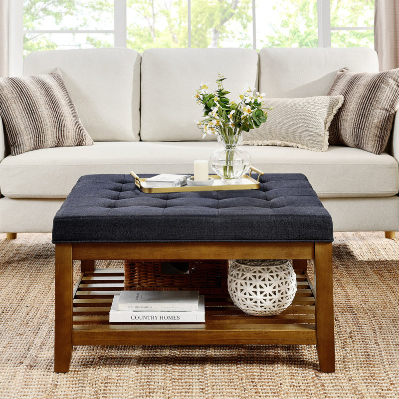 Upholstered  34.25"Square Coffee Table with Beech Wood Shelf and Frame, Navy Blue