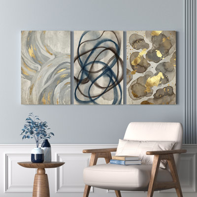 Abstrait or et gris tourbillons sur toile tendue, ensemble de 3 reproductions d'art