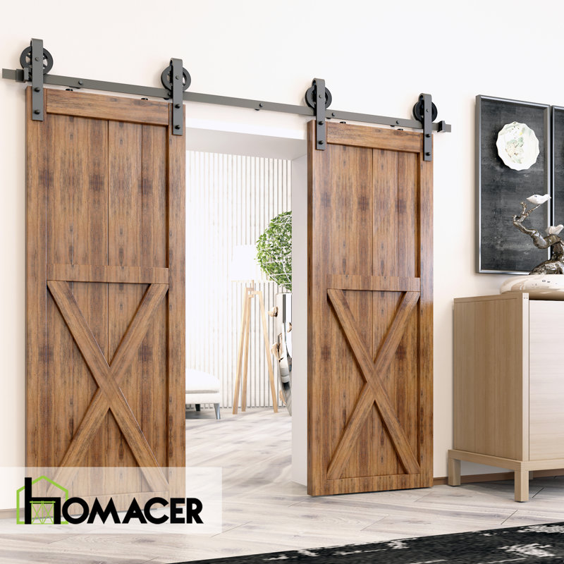 Black Rustic Spoke Wheel Design Non-Bypass Double Barn Door Hardware Kit( Door Not Included), 120 in.