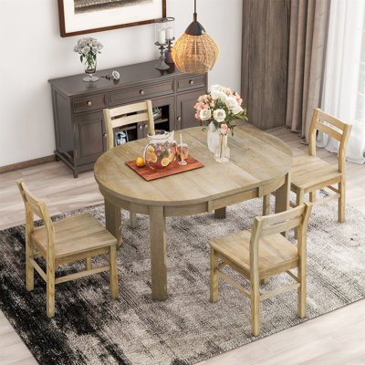 Farmhouse 5-Piece Extendable Round Dining Table Set With Storage Drawers And 4 Dining Chairs,16"" Removable Leaf -  Red Barrel StudioÂ®, EE5D30DEE8204445863566FB339DFAA9