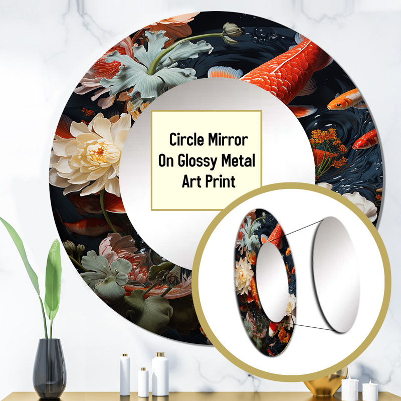 Shanetria Asian Art Infinite Koi I - Asian Art Unique Wall Mirror, Coral Round Mirror, Printed Metal Art, 36" x 36"