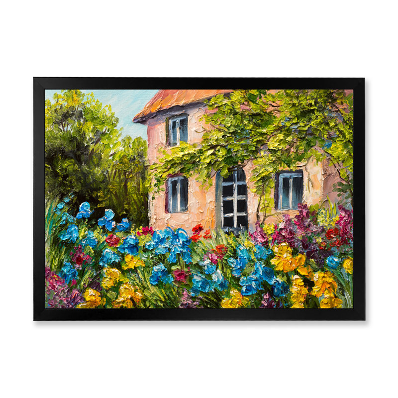 Fleurs colorées dans une maison méditerranéenne, reproduction d'art sur toile, Toile avec cadre noir