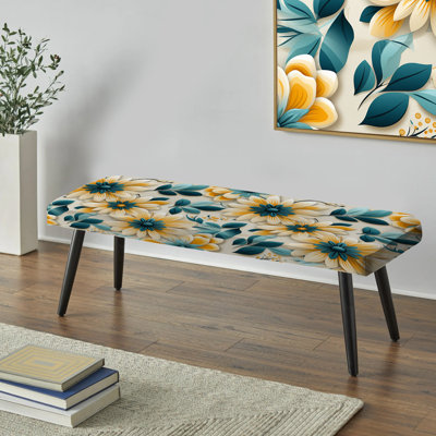 Banc rembourré botanique jaune et bleu avec motif floral zen jaune et bleu