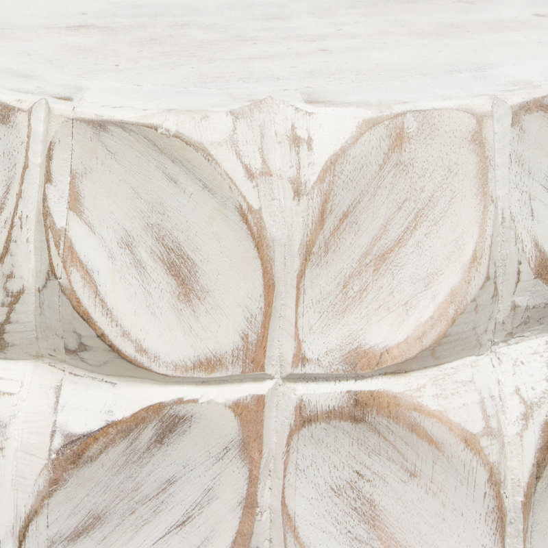 Fig Solid Mango Wood Accent Table In Distressed White Finish W/ Leaf Motif