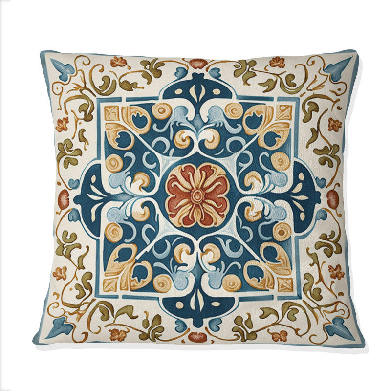 Mediterranean Tiles In Retro Blue VIII - Abstract Tile Printed Throw Pillow