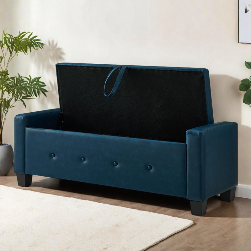 Banc repose-pieds avec rangement capitonné 48 po - similicuir rembourré, bleu - idéal pour la chambre à coucher, le salon ou le couloir