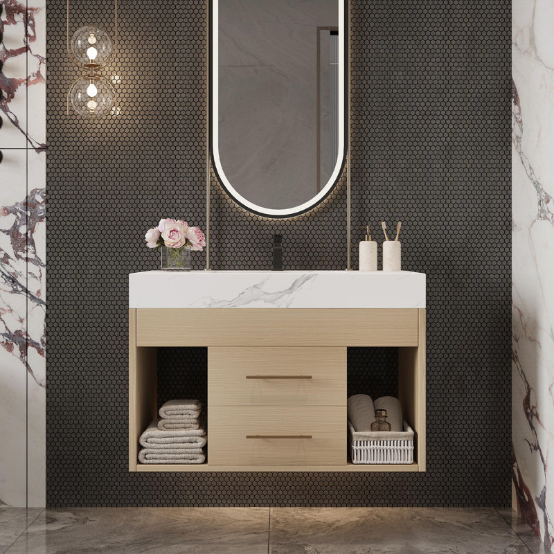 Meuble-lavabo mural 2 tiroirs à fermeture en douceur, 29"