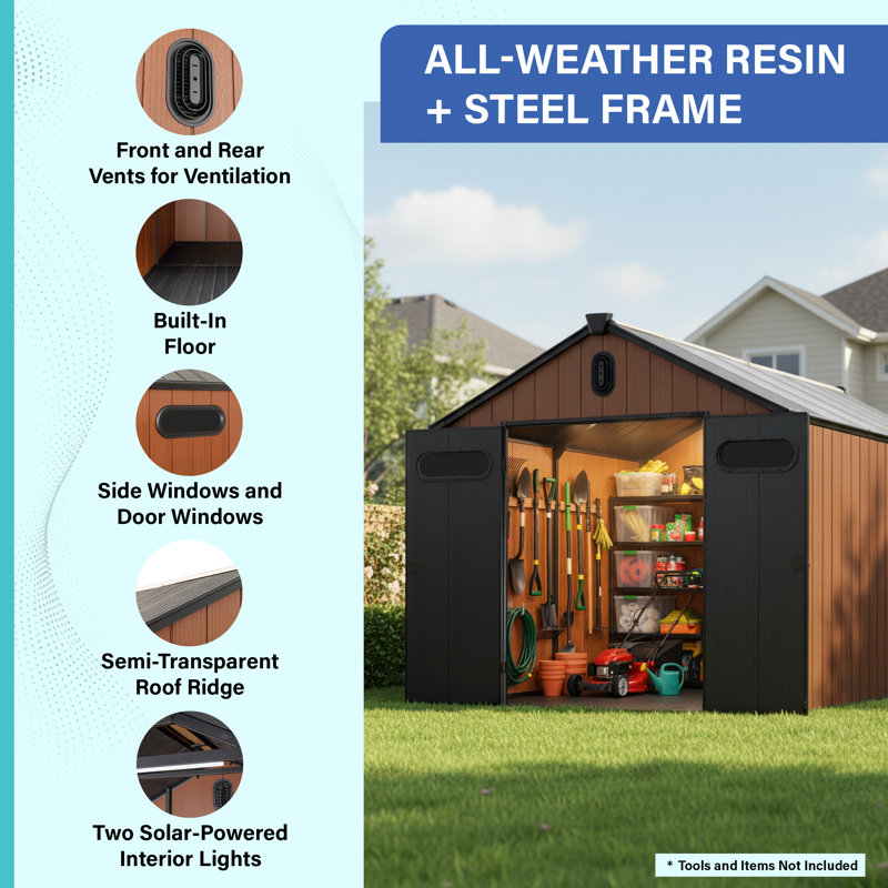Plexalife 8×12 Large Heavy-Duty Outdoor Resin Storage Shed with Custom-Fit Solar Light Included Windows & Double Doors, Weatherproof & UV-Resistant Garden and Tool Shed with Metal Reinforcement & Ventilation, Teak Brown 