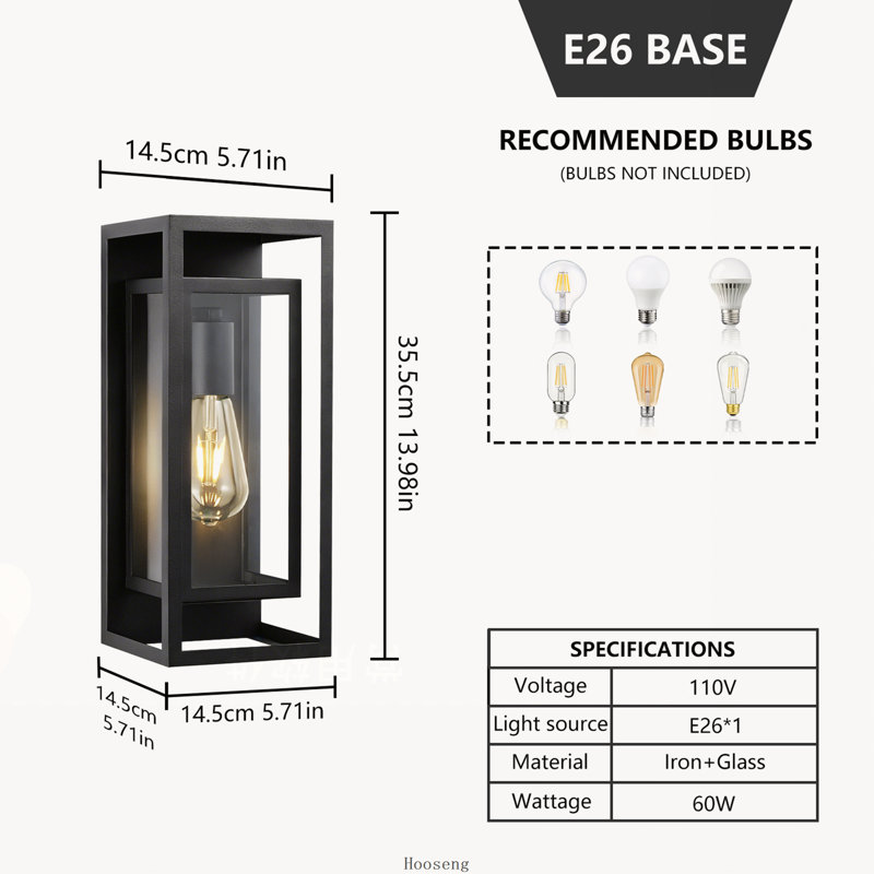 Ensemble de 2 appliques murales extérieures noires de 35,5 cm (14 pouces) avec verre transparent, étanches, pour porche.