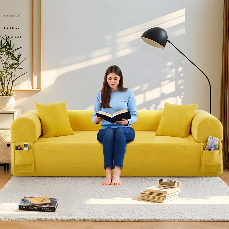 Boneless 82.5" Floor Sofa with 2 Pillows, 3-Seat Corduroy Hybrid Pocketed Spring Couch, Compression Sofa for Living Room Bedroom Lounge, No Assembly Needed