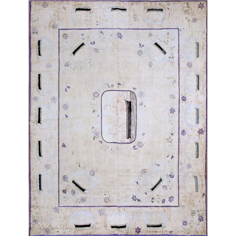 Antique American Hooked Rug Room Size Cotton Ivory