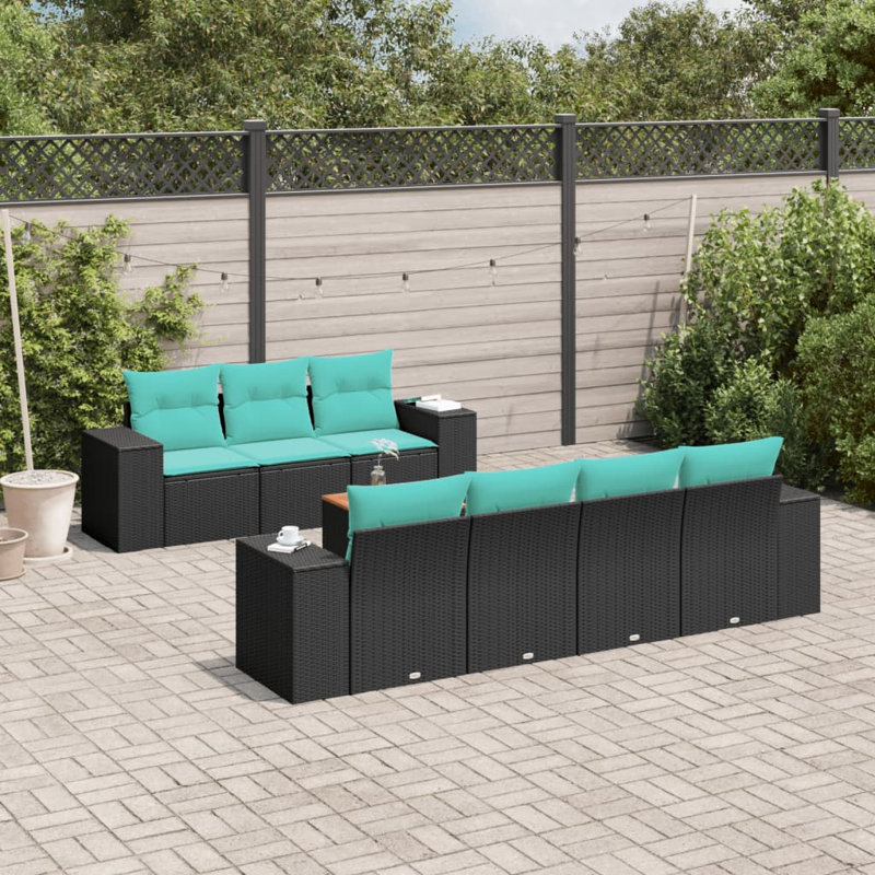Ensemble de canapé de patio 8 pièces avec coussins en rotin de polyester, Bleu clair, Noir