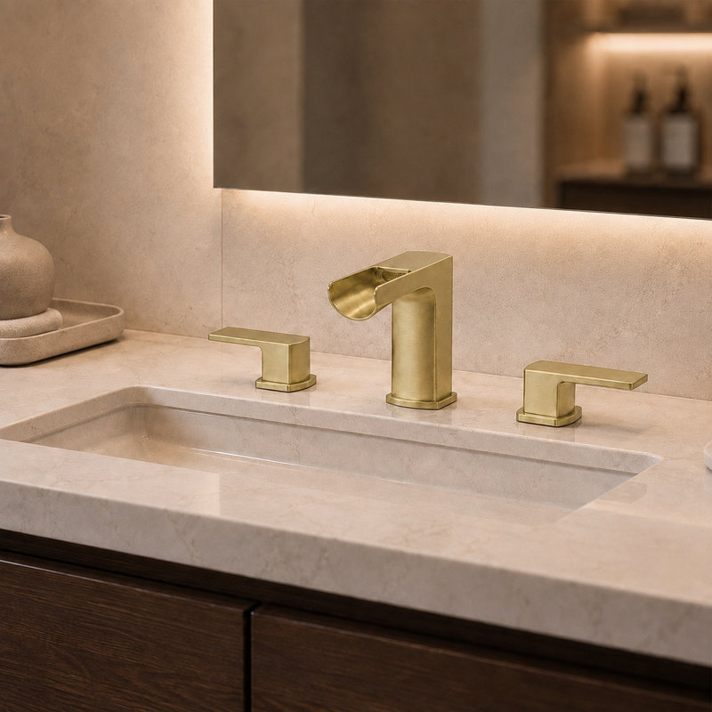 Waterfall 8 In. Widespread Double-Handle Bathroom Faucet, Brushed Gold